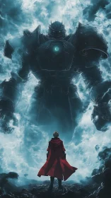 Red cloaked figure confronts towering armored mech in storm