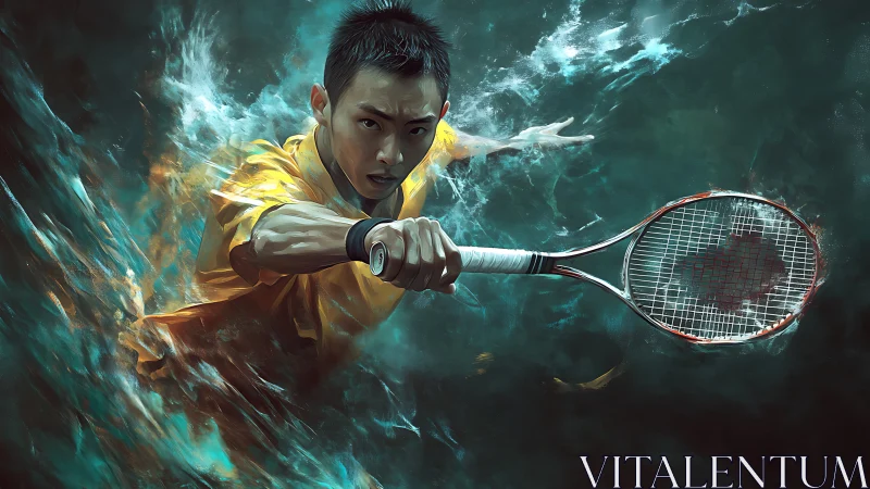 Tennis player drives forehand through dynamic water vortex.