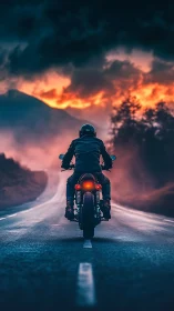 Motorcyclist rides toward fiery sunset along misty road