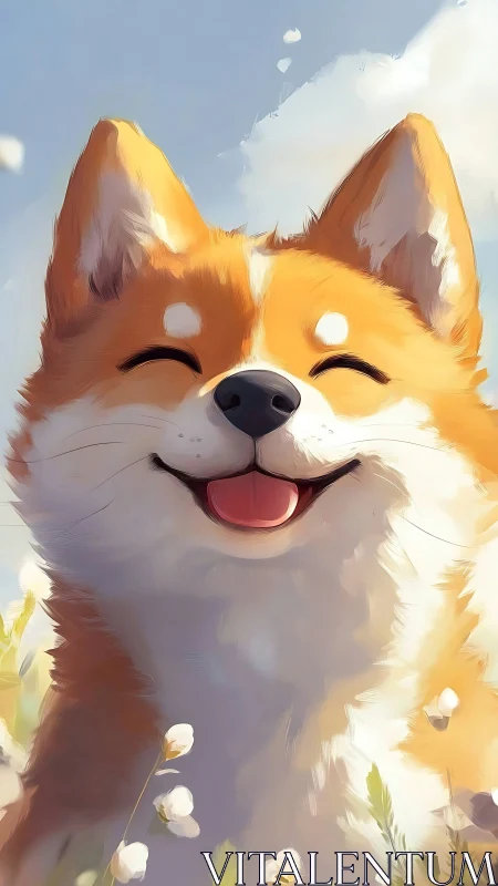 Smiling Shiba portrait rendered in soft atmospheric digital paint