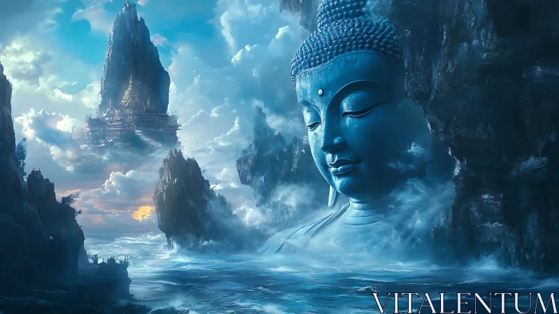 Colossal serene Buddha face emerges above mystical sea.