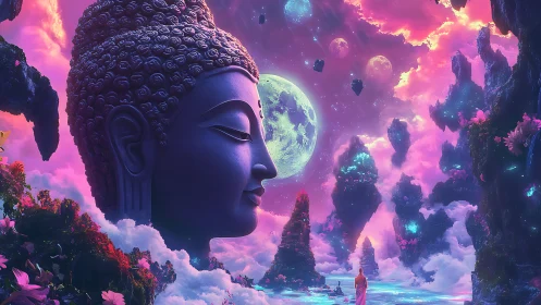 Cosmic Buddha head dominates neon dreamscape sky. Period.