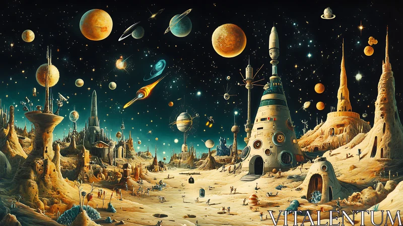 Surreal alien city thrives beneath swirling, luminous planets