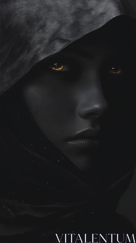 Shrouded nocturnal portrait with luminous golden eyes.
