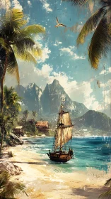Coastal tropical landscape with wooden brigantine sailing vessel on luminous turquoise waters