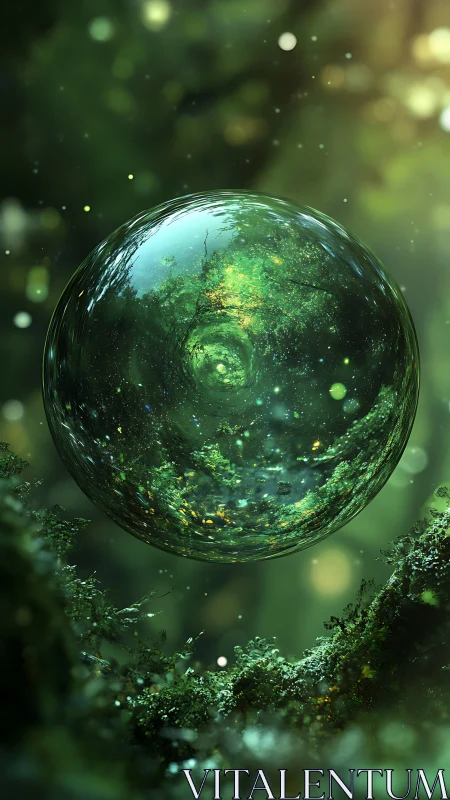 Enchanted forest orb hovers amid glowing emerald light.