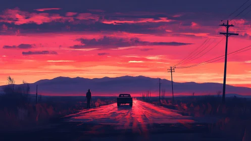 Twilight road home under a sky of glowing embers.