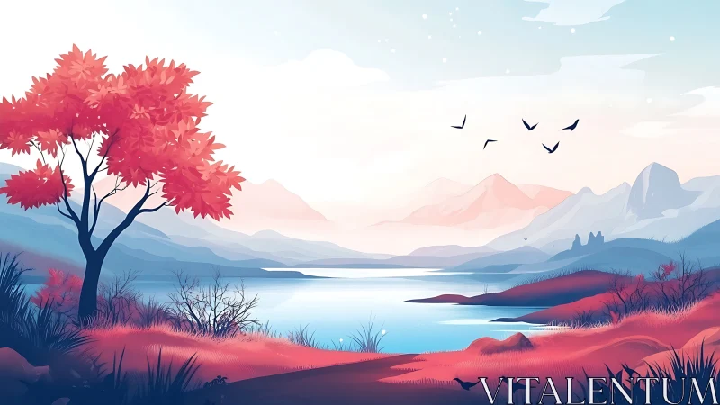 Stylized lake landscape with pink foliage and distant mountains.