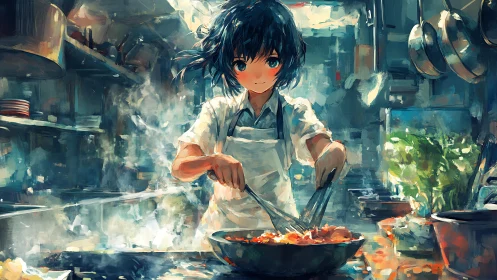 Anime chef sears vibrant stir fry in glowing busy kitchen