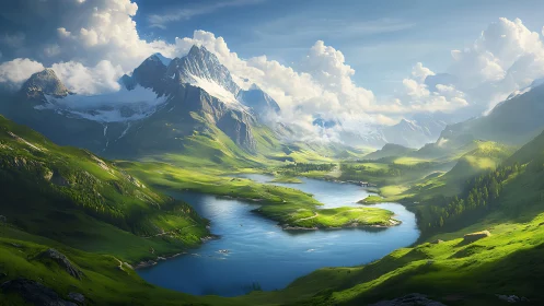 Mountain lake valley under bright clouds and sunlight.