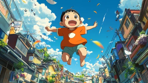 Joyful child leaping into a bright, breezy summer sky.