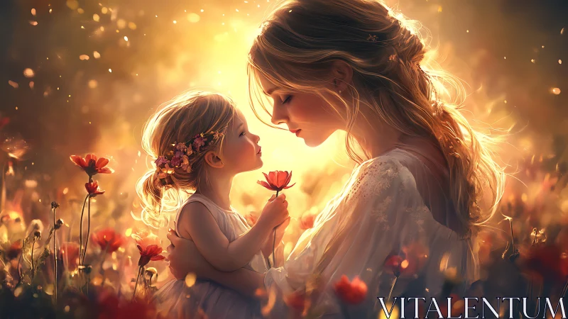 Luminescent maternal figure with child in golden flora field