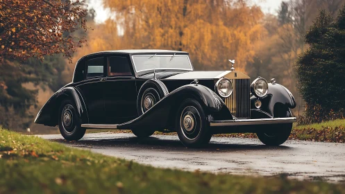 Autumn promenade with a stately black vintage Rolls-Royce.