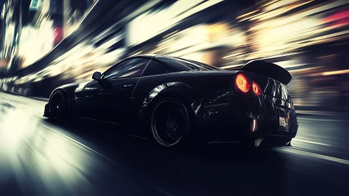 Black sports car cuts through wet neon city street at speed