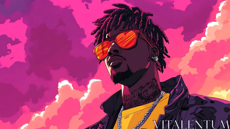 Vibrant cel-shaded portrait under neon magenta sunset sky.