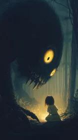 Nocturnal forest entity observing child in luminescent glade.