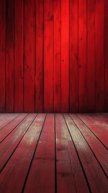 Red wooden room shows converging floorboards and wall planks