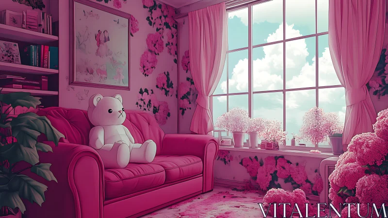 Soft pink daydream living room with teddy and flowers.