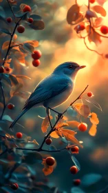 Blue songbird on berry branch in glowing sunset forest.