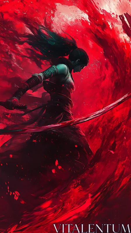 Blood-red sword dancer in swirling digital tempest.