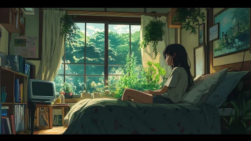 Interior scene shows girl on bed facing window with foliage