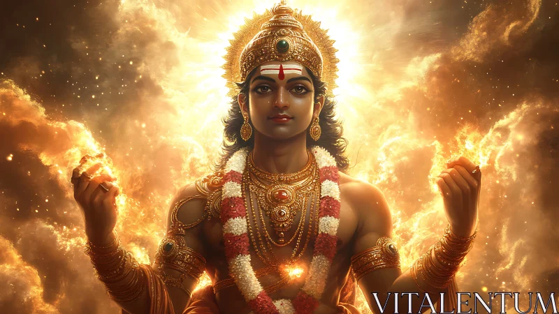 Radiant Hindu deity emerges from swirling golden light.