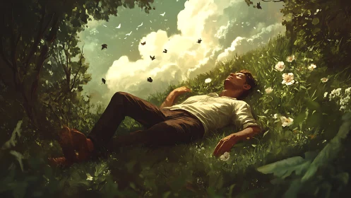 Sunlit dreamer resting in lush meadow under glowing sky.