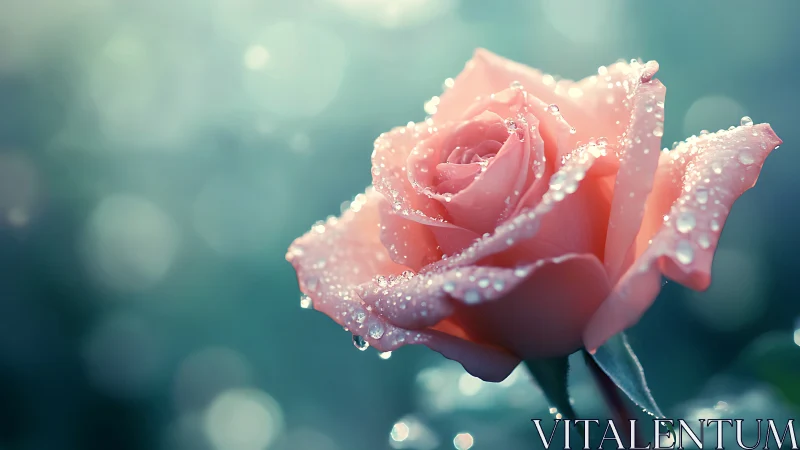 Pink rose bloom with dewdrops and luminous bokeh background.