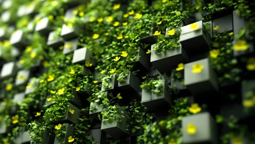 Modern green wall with geometric planters and yellow flowers, vibrant style.