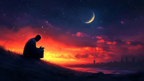 Quiet prayers beneath a blazing crescent twilight sky.