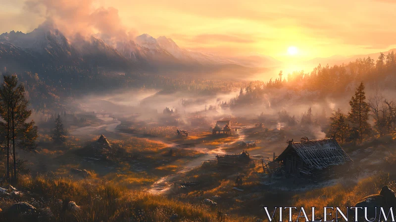 Sunlit mountain valley reveals misty cabins at dawn.