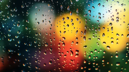 Raindrop jewels on a rainbow blurred windowpane.