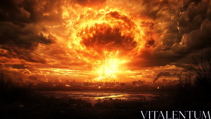Urban skyline under massive fiery nuclear explosion.