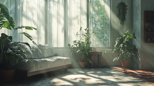 Sunlit living room sofa surrounded by dense indoor plants