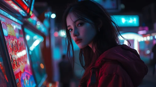 Neon-lit arcade portrait in moody cyan and magenta glow.