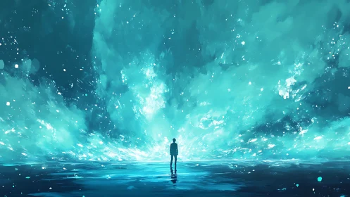 Solitary human figure before expansive teal light field.