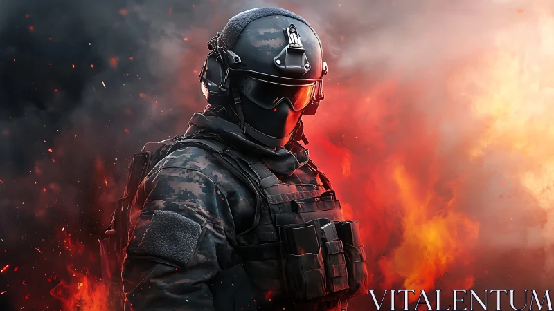 Armored fireborn soldier strides through a storm of sparks.