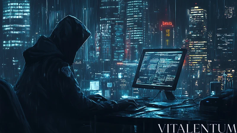 Hacker codes through neon rain above cyberpunk skyline.