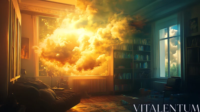 Sunlit cloud drifting through a quiet, book filled room.