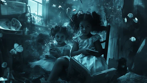Children Reading Underwater. Surreal Narrative.