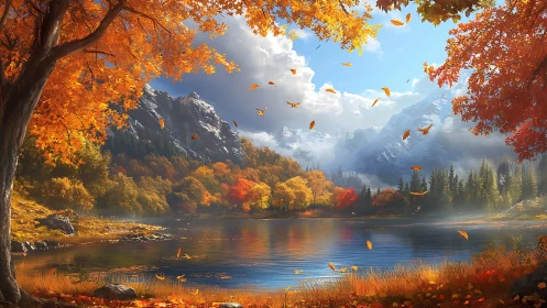 Mountain lake landscape with autumn foliage and clouds.