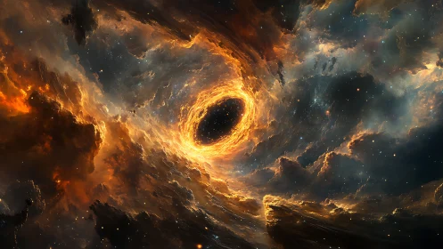 Fiery cosmic vortex surrounding dark celestial void.