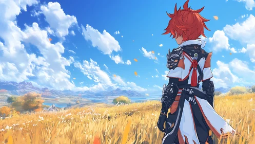 Red‑haired warrior gazes over golden plains beneath vast skies