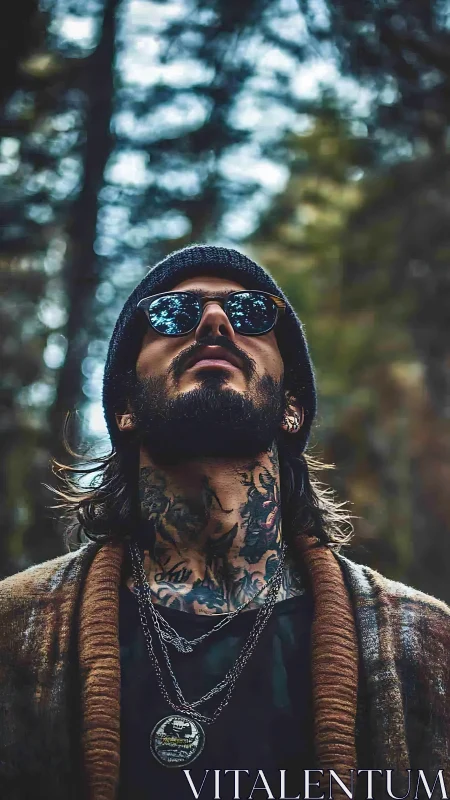 Tattooed man in forest, upward gaze with reflective shades.