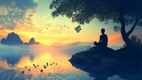 Silhouette meditates on lakeside cliff at colorful sunrise