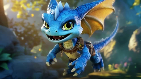 Playful blue baby dragon leaps through glowing forest.