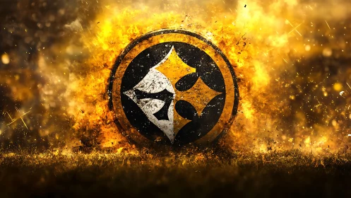 Circular emblem with geometric shapes on fiery background.