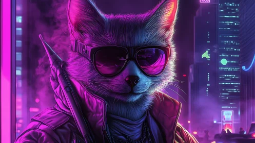 Cyberpunk fox mercenary under neon city lights.
