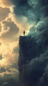 Silhouette on a cloud cliff between light and darkness.