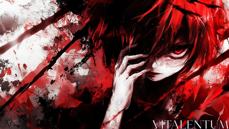 Blood-red anime portrait with fractured abstract motion.